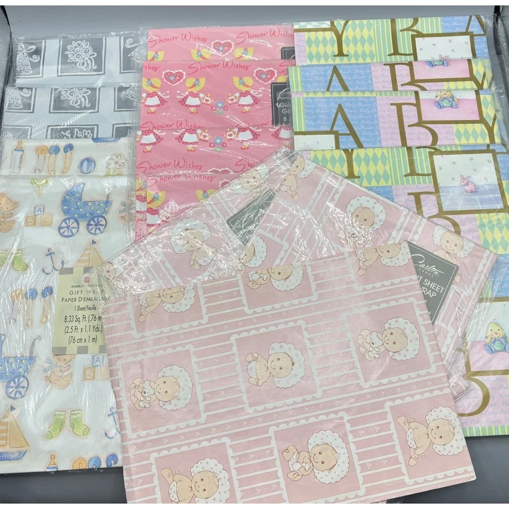 Vintage Baby Shower Gift Wrap Lot American Greetings Carlton‎ Cards 14 Sheets